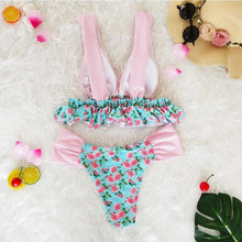 Load image into Gallery viewer, V-Neck Bow Knot Floral Print Bikini Set
