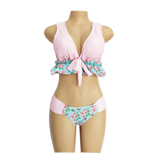 V-Neck Bow Knot Floral Print Bikini Set