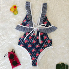 Load image into Gallery viewer, Deep V Ruffled Neck Print Ins Style One Piece Swimsuit
