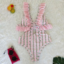 Load image into Gallery viewer, Deep V Ruffled Neck Print Ins Style One Piece Swimsuit

