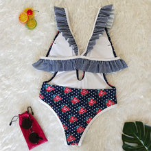 Load image into Gallery viewer, Deep V Ruffled Neck Print Ins Style One Piece Swimsuit
