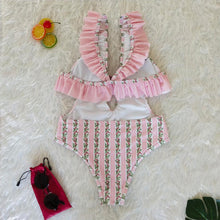 Load image into Gallery viewer, Deep V Ruffled Neck Print Ins Style One Piece Swimsuit
