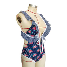 Load image into Gallery viewer, Deep V Ruffled Neck Print Ins Style One Piece Swimsuit
