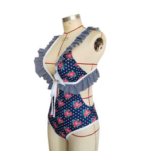 Load image into Gallery viewer, Deep V Ruffled Neck Print Ins Style One Piece Swimsuit
