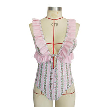 Load image into Gallery viewer, Deep V Ruffled Neck Print Ins Style One Piece Swimsuit
