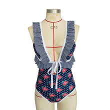 Load image into Gallery viewer, Deep V Ruffled Neck Print Ins Style One Piece Swimsuit
