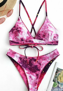 Sexy Suspenders Hanging Neck Print Split Bikini