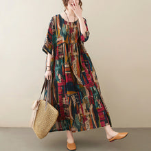Load image into Gallery viewer, Short Sleeve Cotton Linen Vintage Print Summer Long Dresses For Women Casual Loose Holiday Ladies Dress Elegant Clothes
