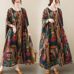 Short Sleeve Cotton Linen Vintage Print Summer Long Dresses For Women Casual Loose Holiday Ladies Dress Elegant Clothes