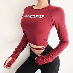 Solid Long Sleeve Yoga Crop Top Gym Shirts For Women Workout Shirts With Thumb Holes Fitness Running Sport T-shirts Training Top