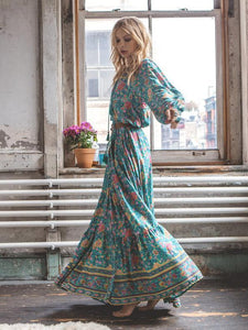 Floral Split-front Puff Sleeves Bohemia Maxi Dress