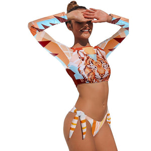 Surfing Swimsuit For Women 2021 Bikini Long Sleeve Swimwear Tiger Print Push Up Summer Bath Suit Two Piece Bandeau Biquini
