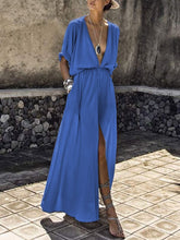 Load image into Gallery viewer, Solid Color V Neck Short Sleeve Split Maxi Dress
