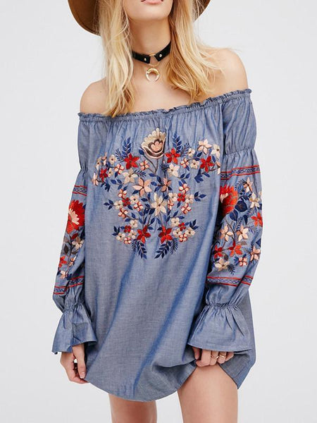 Retro National Style Flower Inwrought Long Sleeve Off-Shoulder Mini Dress