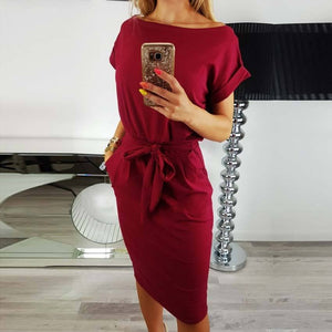 Solid Color Short Sleeve Belted Bodycon Midi Dress