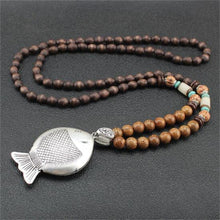 Load image into Gallery viewer, Unisex Handmade Necklace Nepal Buddhist Mala Wood Beads Pendant &amp; Necklace Ethnic Fish Horn Long Statement Men Women&#39;s Jewelry
