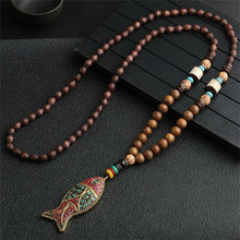 Load image into Gallery viewer, Unisex Handmade Necklace Nepal Buddhist Mala Wood Beads Pendant &amp; Necklace Ethnic Fish Horn Long Statement Men Women&#39;s Jewelry
