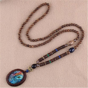 Unisex Handmade Necklace Nepal Buddhist Mala Wood Beads Pendant & Necklace Ethnic Fish Horn Long Statement Men Women's Jewelry