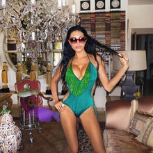 Load image into Gallery viewer, Deep V-neck Tassels Halterneck One-piece Swimwear
