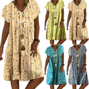 Summer Fashion Women Floral Print  V Neck Short Sleeve Dress