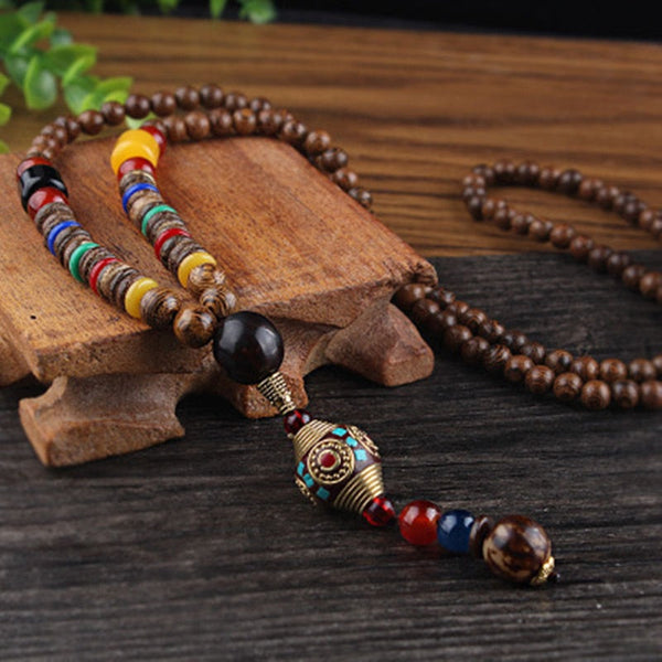 Vintage Nepal Long Buddhist Mala Wood Beaded Pendant & Necklace Ethnic Bohemian Boho Buddha Lucky Jewelry for Women Men