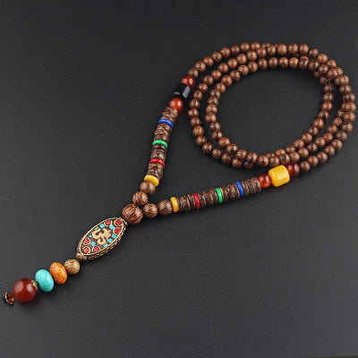 Vintage Nepal Long Buddhist Mala Wood Beaded Pendant & Necklace Ethnic Bohemian Boho Buddha Lucky Jewelry for Women Men