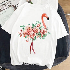 Women Summer Vintage Watercolor Flamingo Animal Printed T-shirt