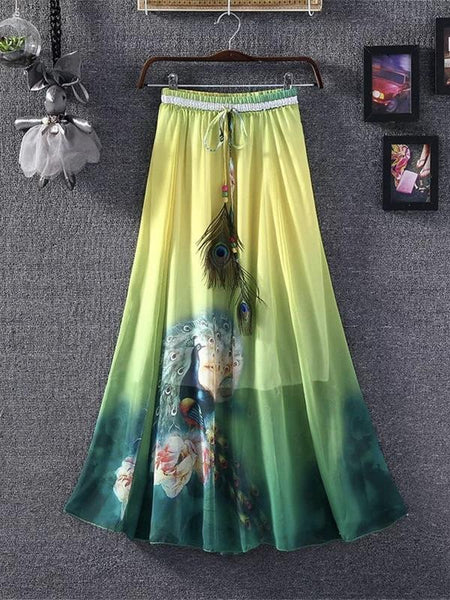 Print Floral Boho Style Long Skirt Huge Hem Chiffon Bohemian Skirt - 3