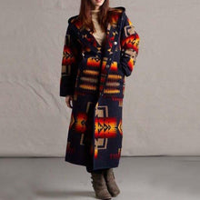 Load image into Gallery viewer, Women Elegant Geometric Print Hooded Coats Fashion Button Pocket Warm Long Cardigan Mujer Autumn Winter Vintage Overcoat Trench
