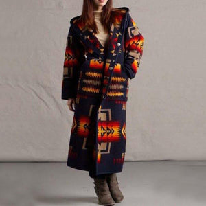Women Elegant Geometric Print Hooded Coats Fashion Button Pocket Warm Long Cardigan Mujer Autumn Winter Vintage Overcoat Trench