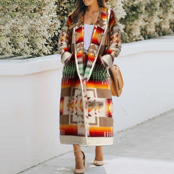 Women Elegant Geometric Print Hooded Coats Fashion Button Pocket Warm Long Cardigan Mujer Autumn Winter Vintage Overcoat Trench