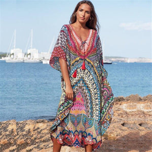 Women Retro Print Beach Cover Up Long Kaftan Dress Sun Protection Beachwear