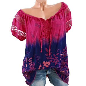 Womens Lace Blouses Summer Short Sleeve Tops Loose Shirt