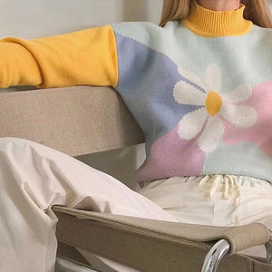 Young Gilrs Macaron Color Patchwork Sweater  Winter Sweet Flower Print Loose Pullover Street Cute Long-Sleeve Jumper Femme