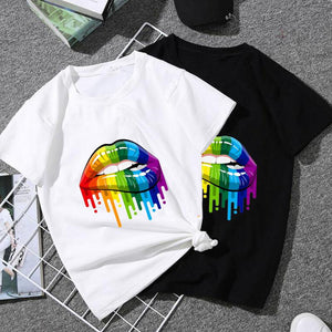 Summer Casual Sexy Color Lip Gloss Short-Sleeved Fashion Round Neck Cotton T-shirt
