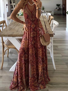 Woman's Boho Dress V-Neck Sleeveless Spaghetti Strap Long Dress