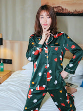 Load image into Gallery viewer, Women's printed silk pajamas set long-sleeved trousers ice silk casual homewear.
