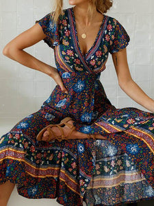 Bohemia V-neck Printed Beach Maxi Split Dresses