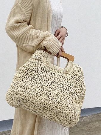 Ins Straw Woven Bag Wooden Rope Woven Bag Retro Leisure Beach Bag Handmade Bag