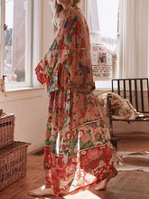 Load image into Gallery viewer, Boho Patchwork Maxi Floral Print Long Batwing Sleeve Belt Cover-up

