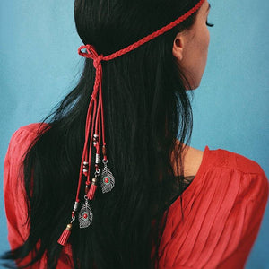 Ethnic Tibetan Headdress Magenta Hair Rope Hair Accessories Tassel Hair with Antique Headband