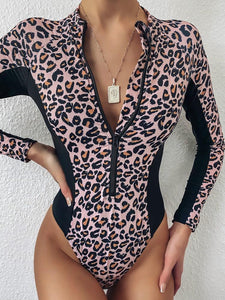 Coupled Surf Suit Leopard Long-sleeved Swimsuit Zippered Bikini