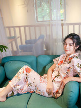 Load image into Gallery viewer, Spring and summer new ladies printed silk casual home clothes short sleeve trousers summer cardigan pajamas
