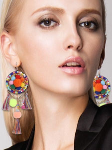 Ethnic Bohemia Dangle Pompom Shell Beads Silk Long Tassel Earrings