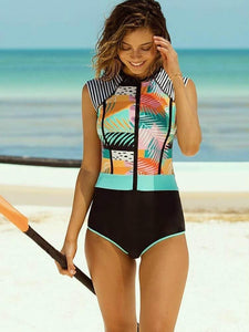 New Sleeve Zipper Swimsuit Women's New Stitching Integrated Surfing Dress