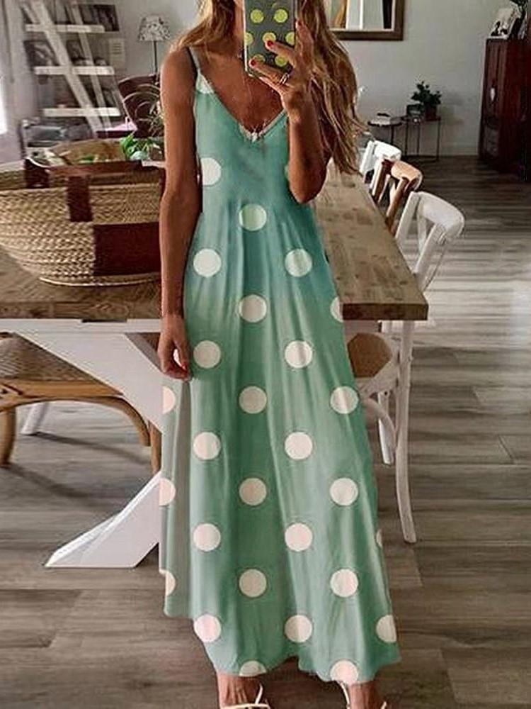 Women Sling Vintage Dot Printed V neck Loose Beach Sleeveless Long Dresses