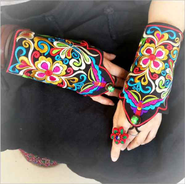 Ethnic style  embroidery triangle bracelet warm fingerless gloves retro style embroidery trend