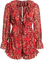 Load image into Gallery viewer, Fashion Red Printed V neck Lantern Long Sleeve Jumpsuits Romper
