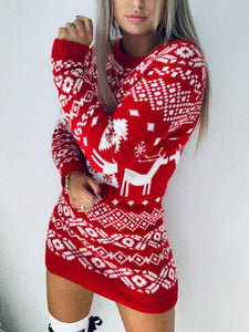 Knitted Sweater Women's Dress with Christmas Theme Knitted Long-sleeved Dress