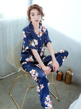 Load image into Gallery viewer, Spring and summer new ladies printed silk casual home clothes short sleeve trousers summer cardigan pajamas
